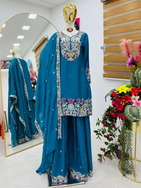 Blue Color Wedding Wear Designer Chinon Silk Sharara Suit