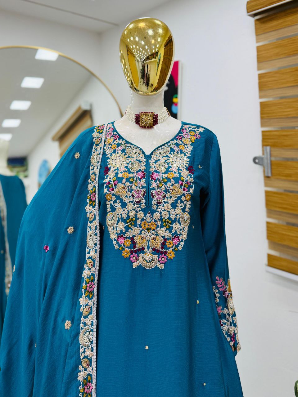 Blue Color Wedding Wear Designer Chinon Silk Sharara Suit