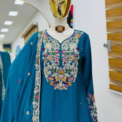 Blue Color Wedding Wear Designer Chinon Silk Sharara Suit