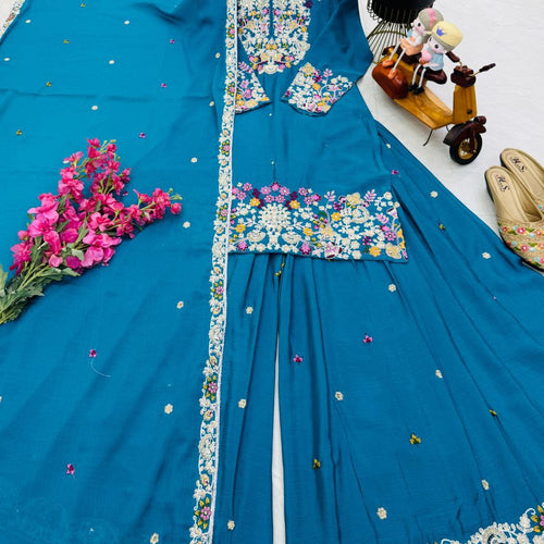 Blue Color Wedding Wear Designer Chinon Silk Sharara Suit