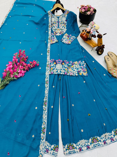 Blue Color Wedding Wear Designer Chinon Silk Sharara Suit