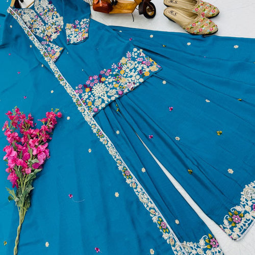 Blue Color Wedding Wear Designer Chinon Silk Sharara Suit