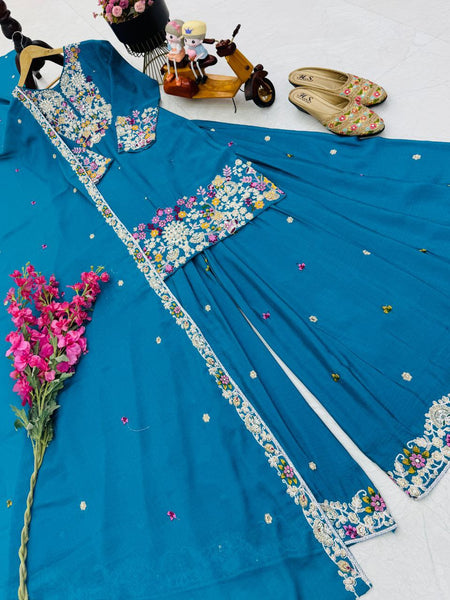 Blue Color Wedding Wear Designer Chinon Silk Sharara Suit