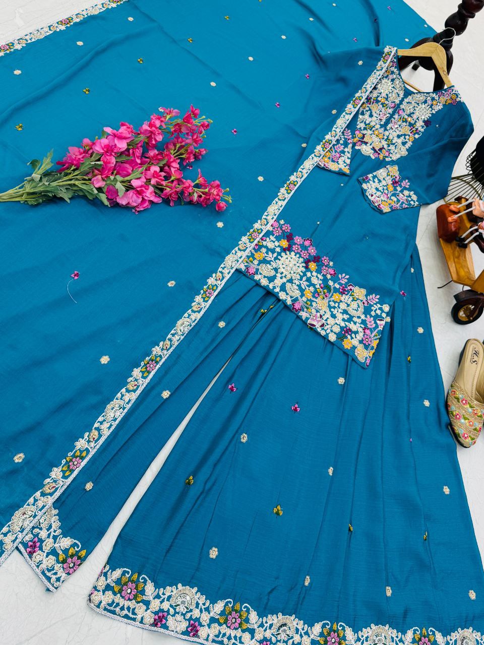 Blue Color Wedding Wear Designer Chinon Silk Sharara Suit