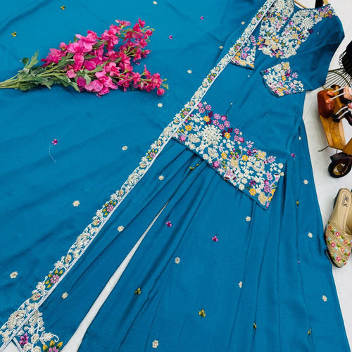 Blue Color Wedding Wear Designer Chinon Silk Sharara Suit