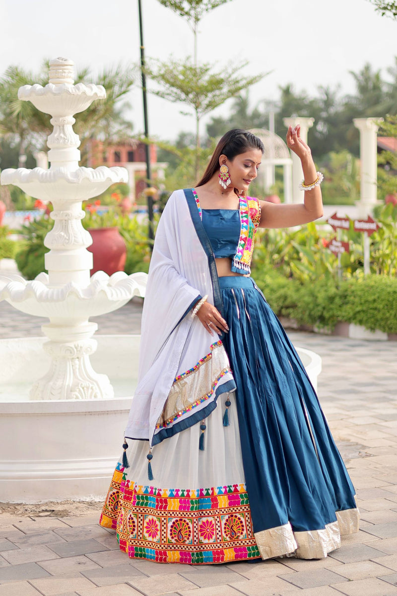 Rama Blue Color Navratri Gamthi Work Designer Cotton Chaniya Choli