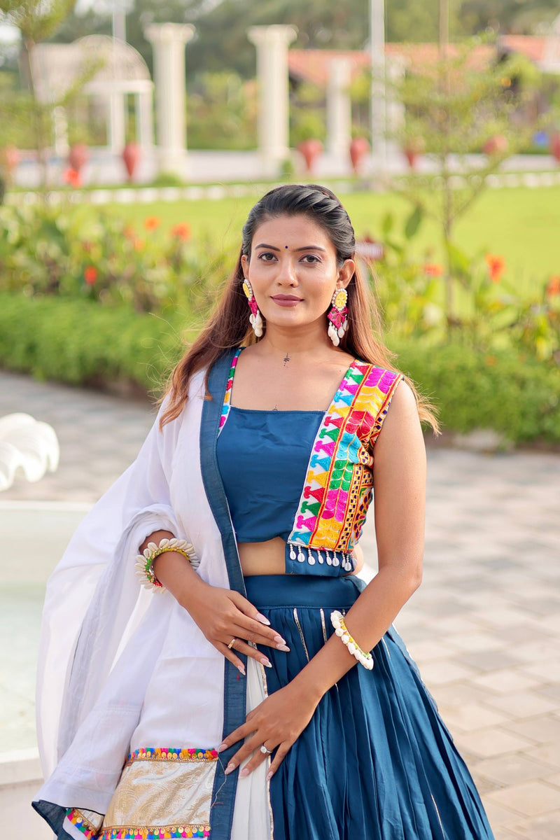 Rama Blue Color Navratri Gamthi Work Designer Cotton Chaniya Choli