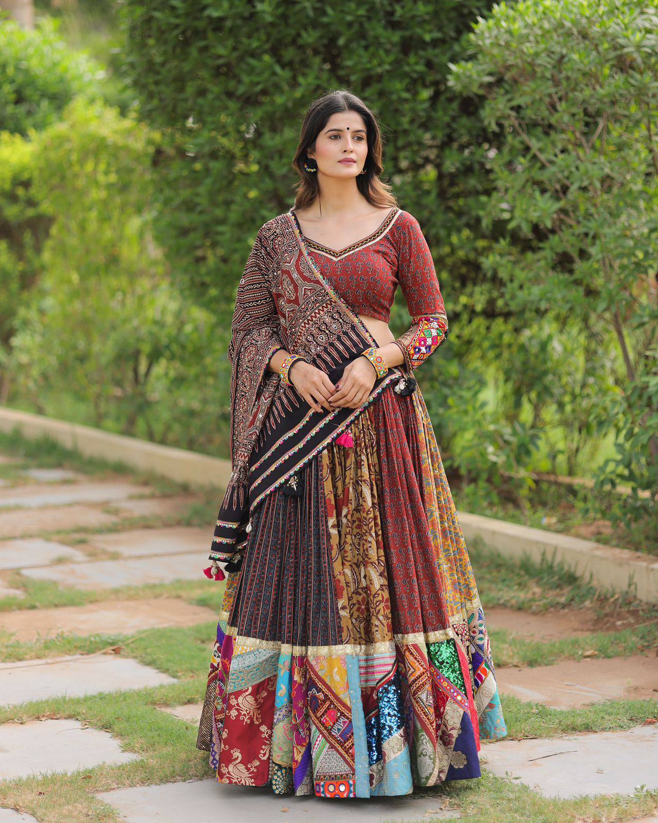 Multi Color Digital Printed Mirror Work Full Flair Navratri Lehenga Choli