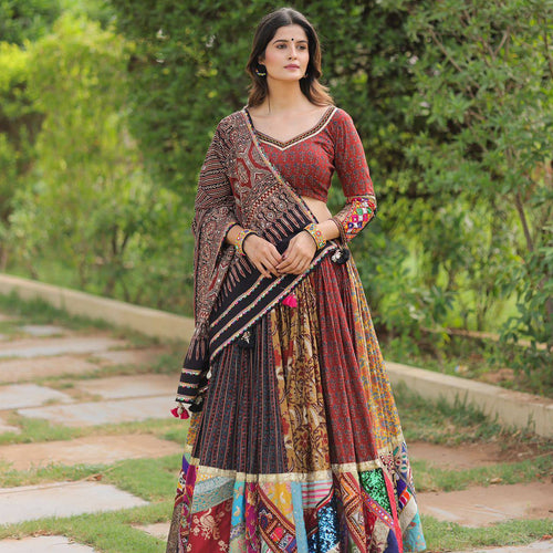 Multi Color Digital Printed Mirror Work Full Flair Navratri Lehenga Choli