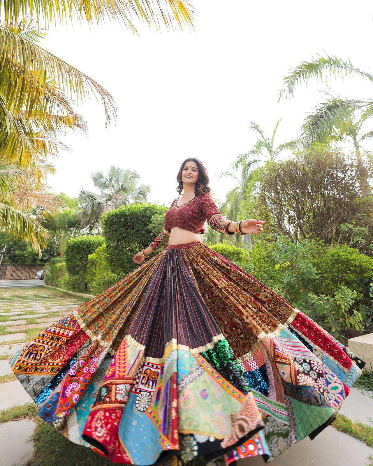 Multi Color Digital Printed Mirror Work Full Flair Navratri Lehenga Choli