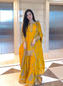 Yellow Wedding Wear Heavy Embroidery Sequence Sharara Suit