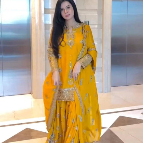 Yellow Wedding Wear Heavy Embroidery Sequence Sharara Suit