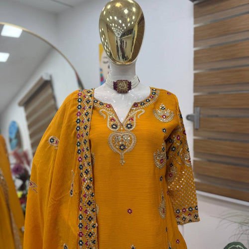 Yellow Wedding Wear Heavy Embroidery Sequence Sharara Suit
