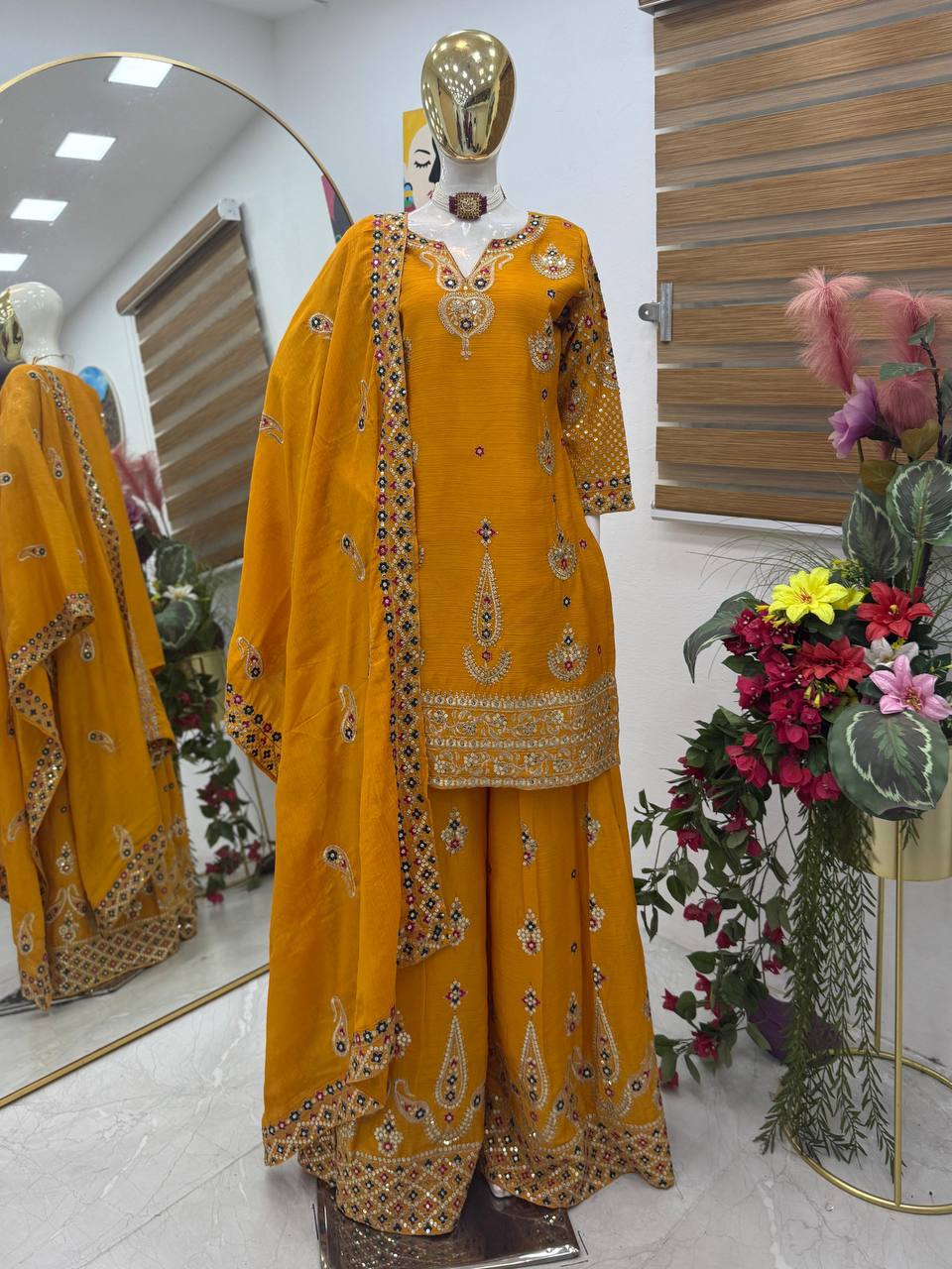 Yellow Wedding Wear Heavy Embroidery Sequence Sharara Suit