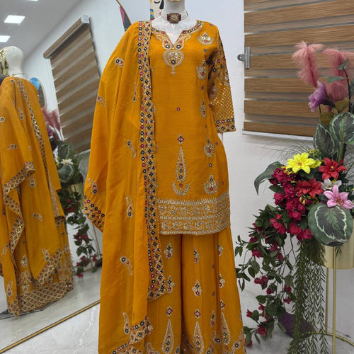 Yellow Wedding Wear Heavy Embroidery Sequence Sharara Suit