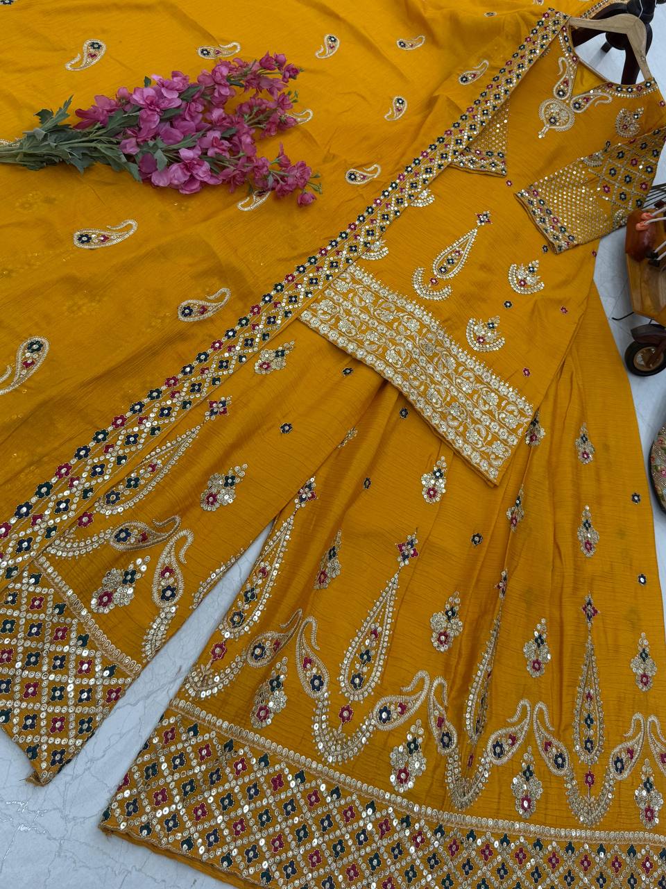 Yellow Wedding Wear Heavy Embroidery Sequence Sharara Suit