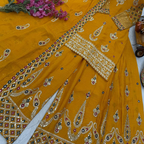 Yellow Wedding Wear Heavy Embroidery Sequence Sharara Suit