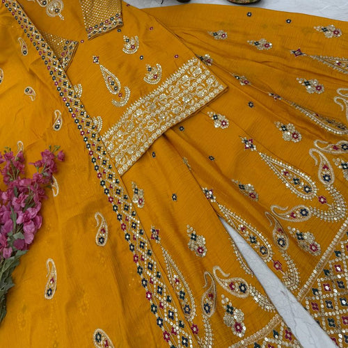 Yellow Wedding Wear Heavy Embroidery Sequence Sharara Suit