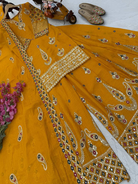 Yellow Wedding Wear Heavy Embroidery Sequence Sharara Suit