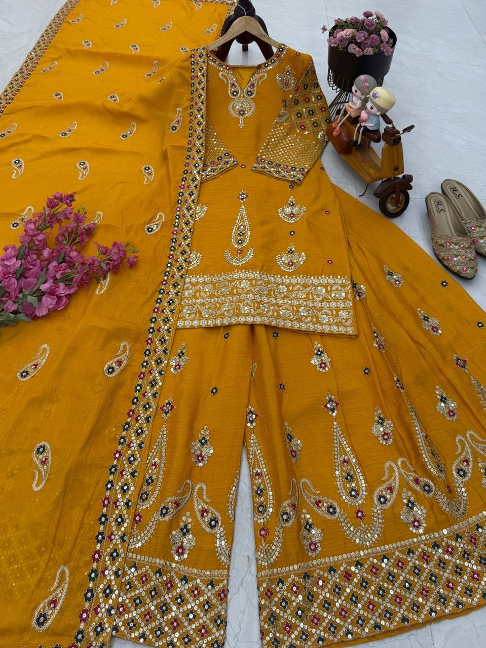 Yellow Wedding Wear Heavy Embroidery Sequence Sharara Suit