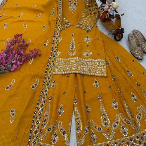 Yellow Wedding Wear Heavy Embroidery Sequence Sharara Suit