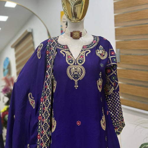 Violet Wedding Wear Heavy Embroidery Sequence Sharara Suit