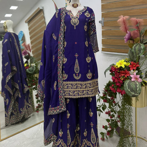 Violet Wedding Wear Heavy Embroidery Sequence Sharara Suit