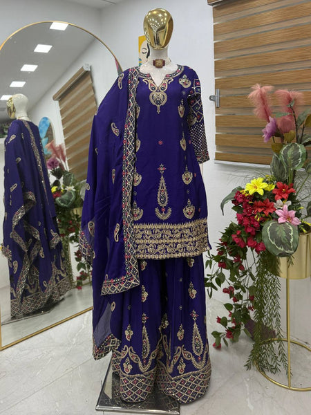 Violet Wedding Wear Heavy Embroidery Sequence Sharara Suit