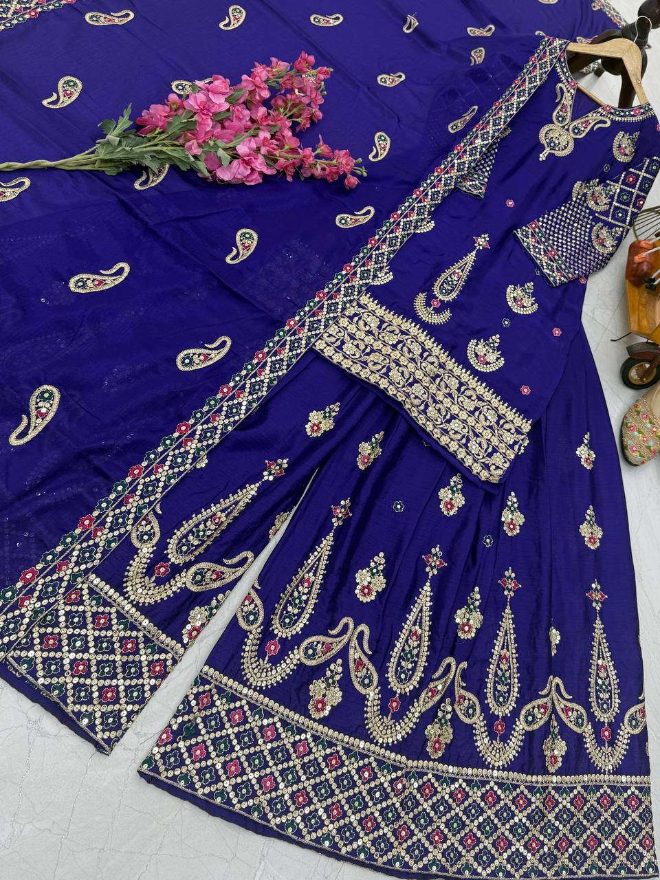 Violet Wedding Wear Heavy Embroidery Sequence Sharara Suit