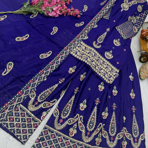 Violet Wedding Wear Heavy Embroidery Sequence Sharara Suit