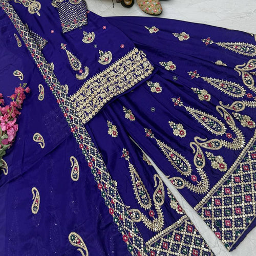 Violet Wedding Wear Heavy Embroidery Sequence Sharara Suit