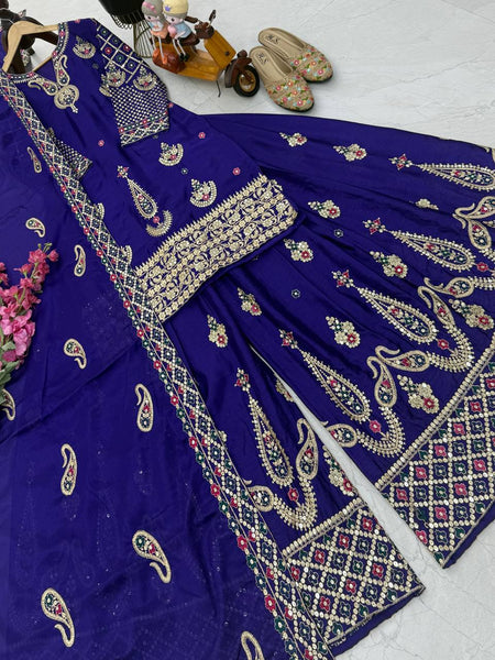 Violet Wedding Wear Heavy Embroidery Sequence Sharara Suit