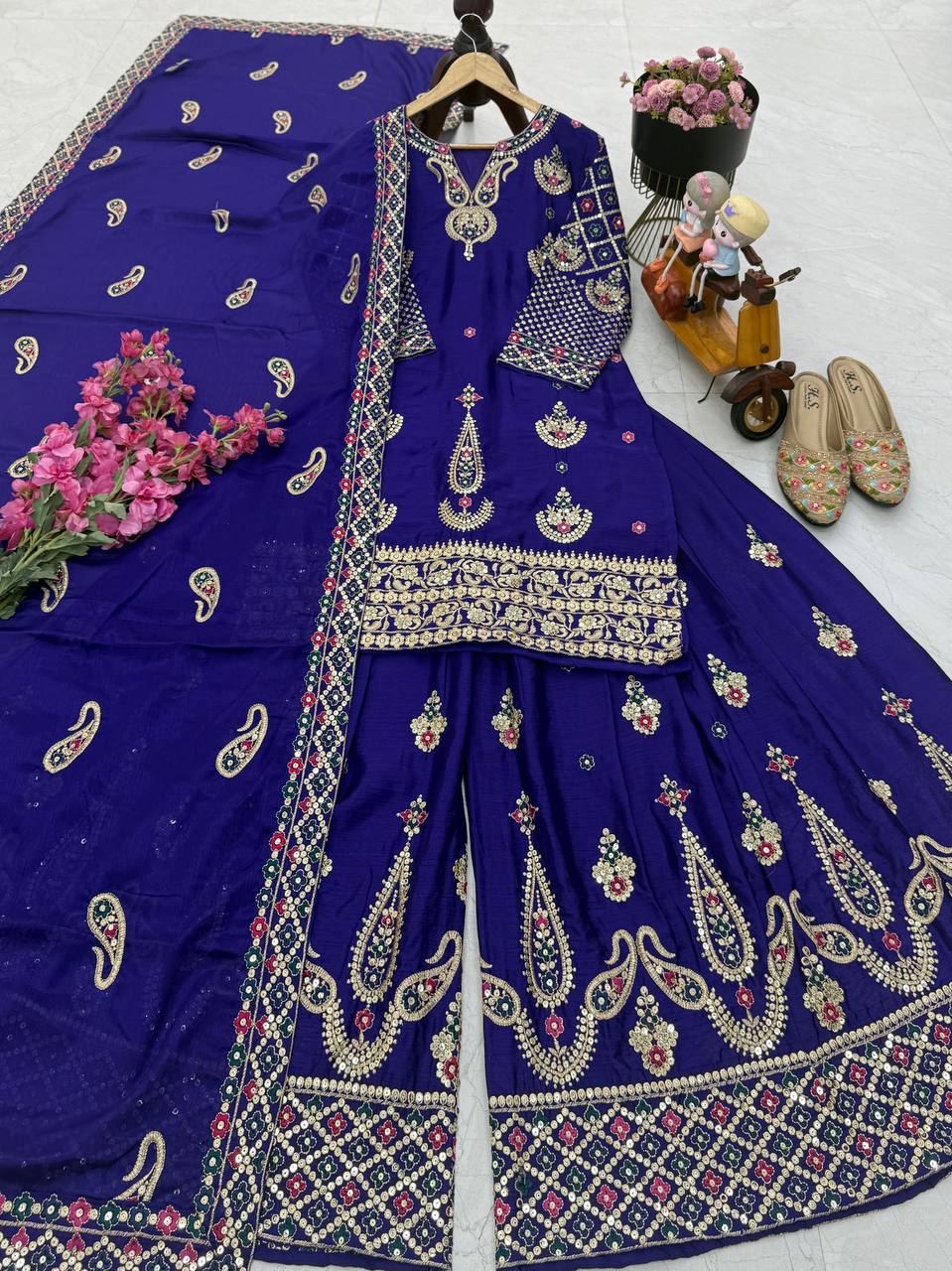 Violet Wedding Wear Heavy Embroidery Sequence Sharara Suit