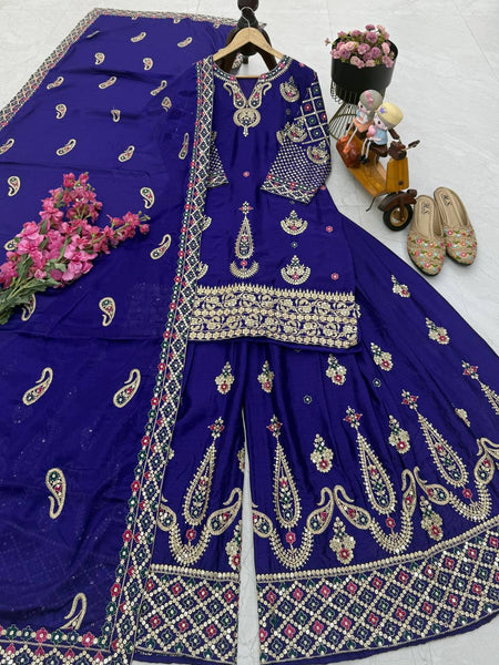 Violet Wedding Wear Heavy Embroidery Sequence Sharara Suit