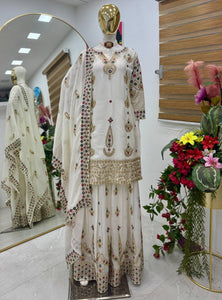 White Wedding Wear Heavy Embroidery Sequence Sharara Suit