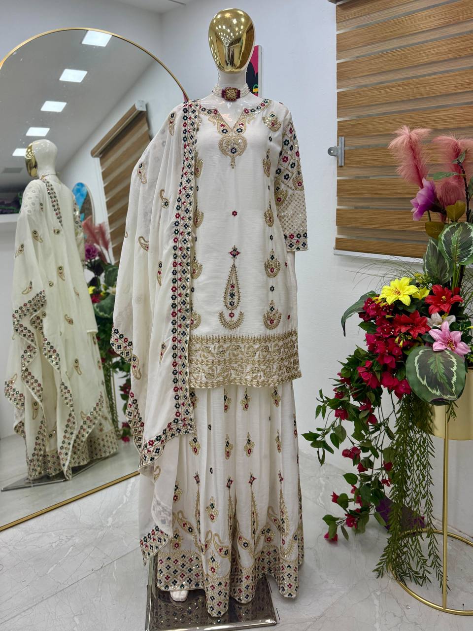 White Wedding Wear Heavy Embroidery Sequence Sharara Suit