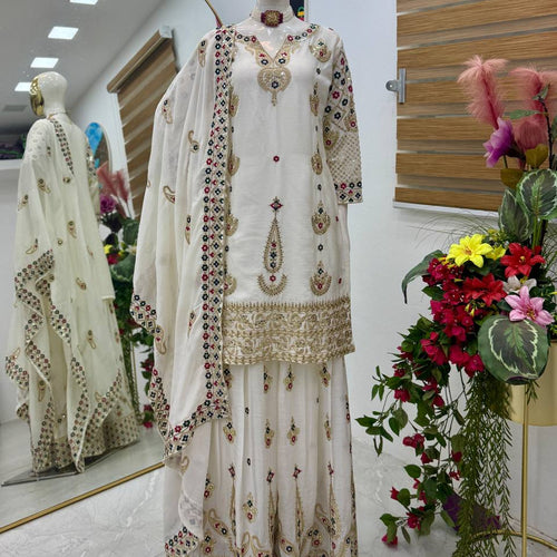 White Wedding Wear Heavy Embroidery Sequence Sharara Suit