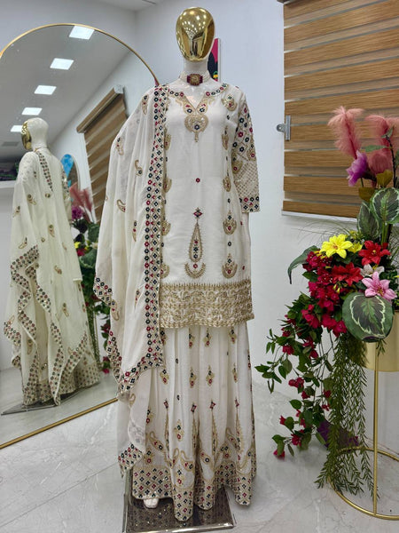 White Wedding Wear Heavy Embroidery Sequence Sharara Suit