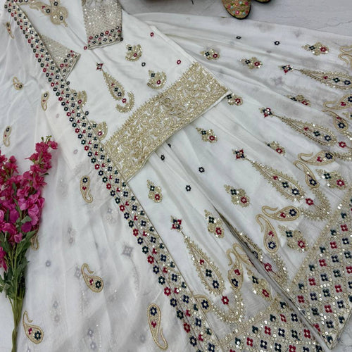White Wedding Wear Heavy Embroidery Sequence Sharara Suit