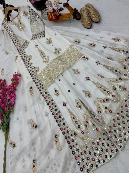 White Wedding Wear Heavy Embroidery Sequence Sharara Suit