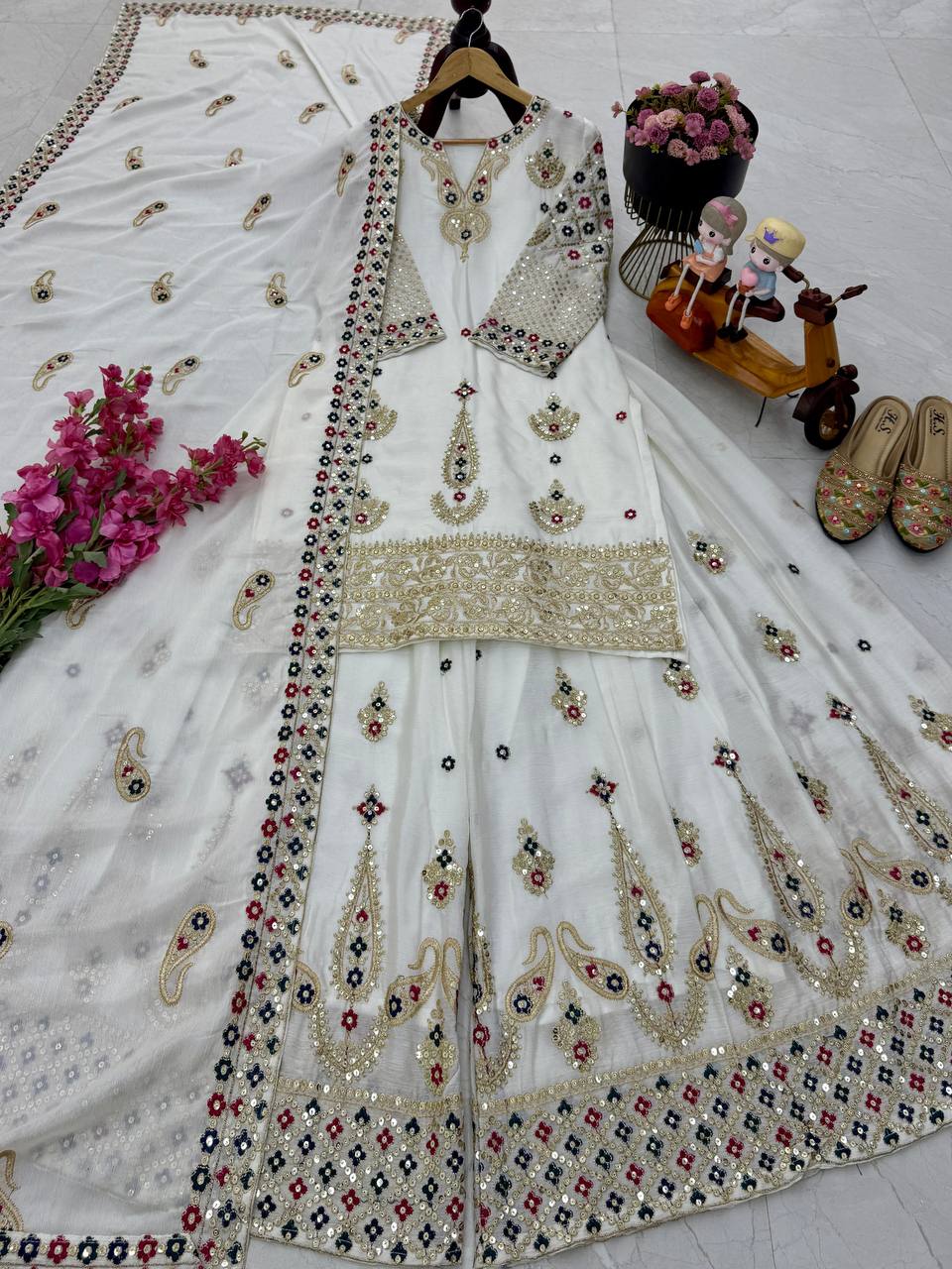 White Wedding Wear Heavy Embroidery Sequence Sharara Suit
