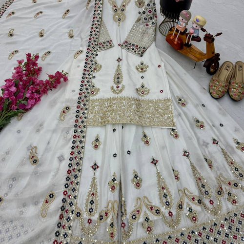 White Wedding Wear Heavy Embroidery Sequence Sharara Suit