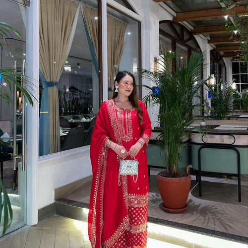 Red Wedding Wear Heavy Embroidery Sequence Sharara Suit