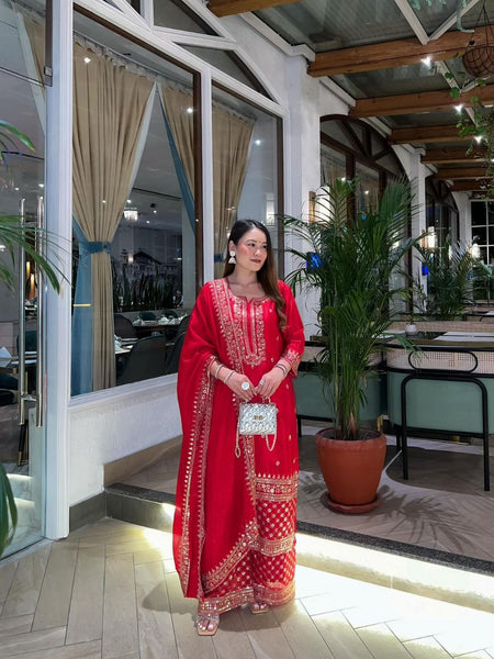 Red Wedding Wear Heavy Embroidery Sequence Sharara Suit