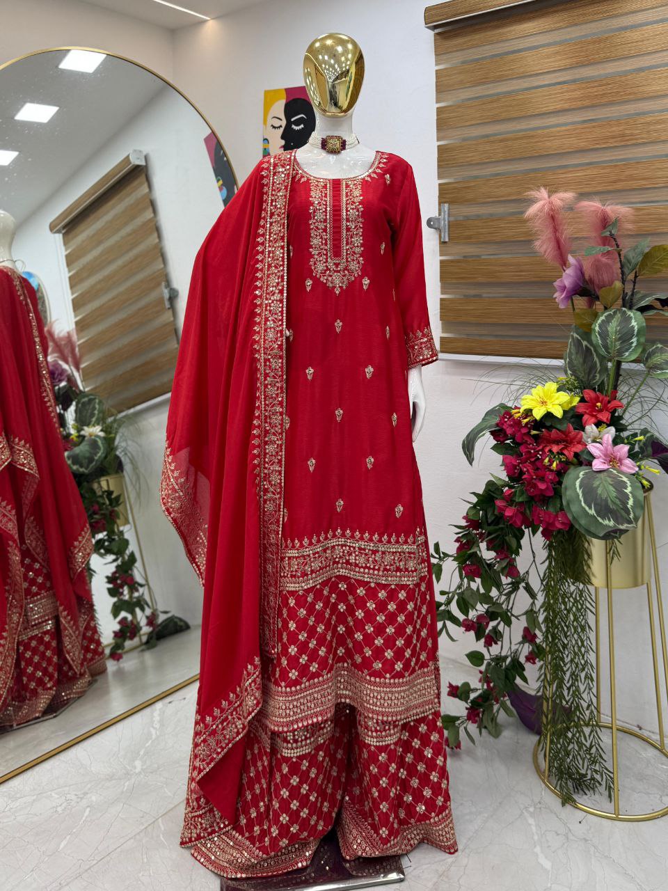 Red Wedding Wear Heavy Embroidery Sequence Sharara Suit