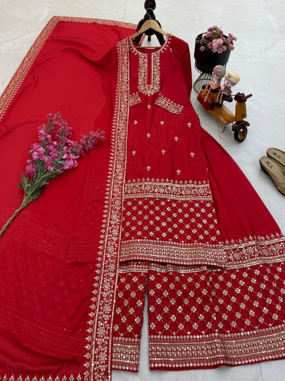 Red Wedding Wear Heavy Embroidery Sequence Sharara Suit