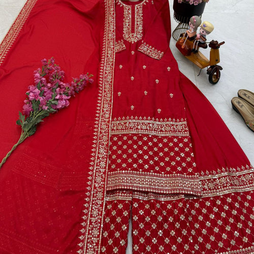 Red Wedding Wear Heavy Embroidery Sequence Sharara Suit