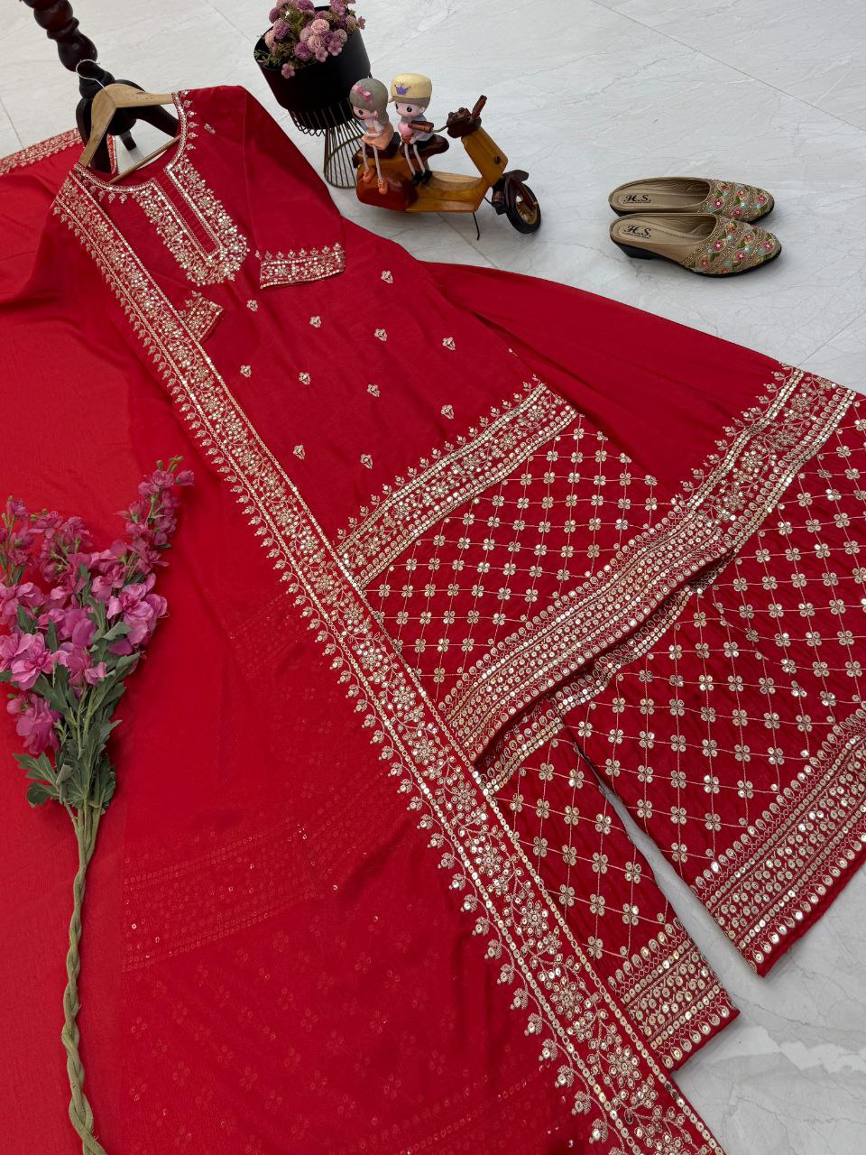 Red Wedding Wear Heavy Embroidery Sequence Sharara Suit