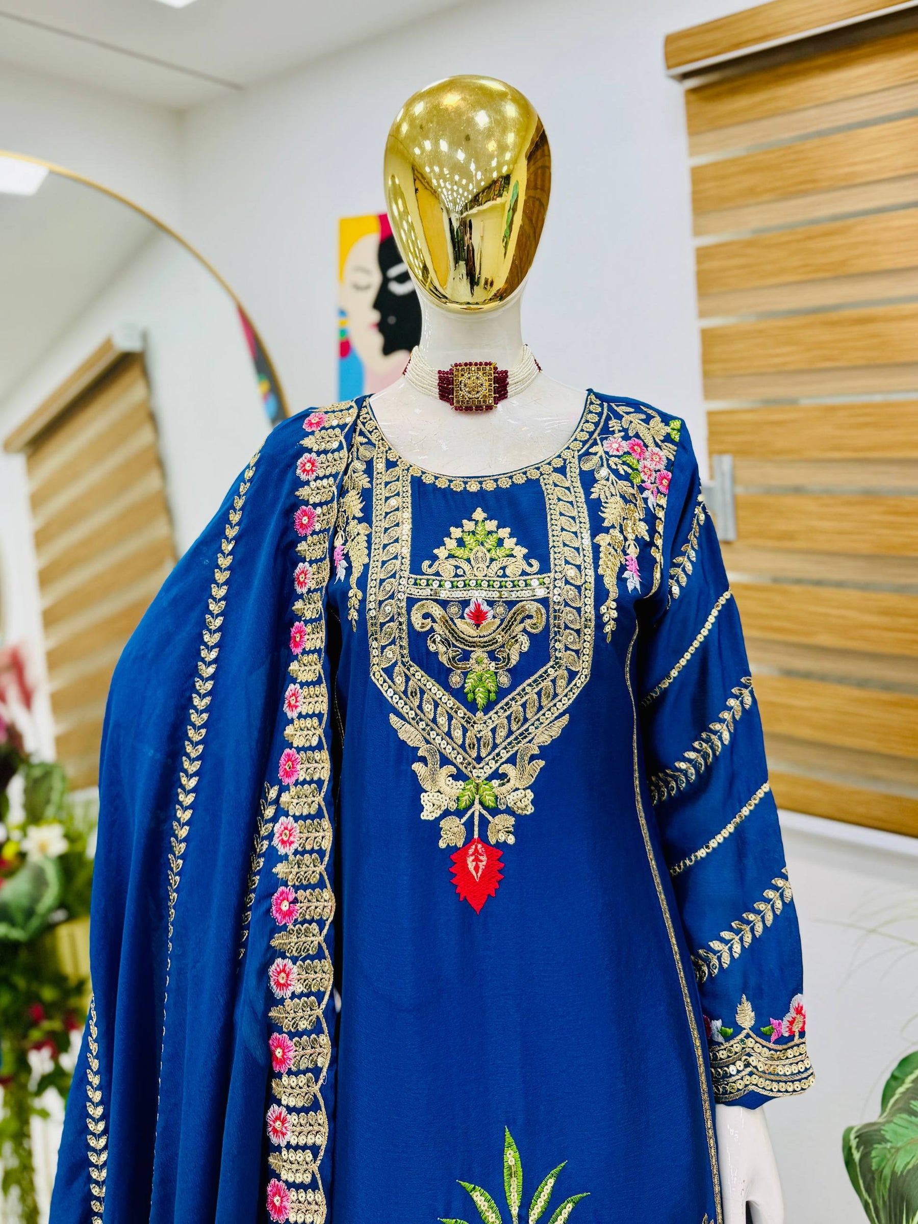 Blue Color Party Wear Designer Embroidered Sharara Suit