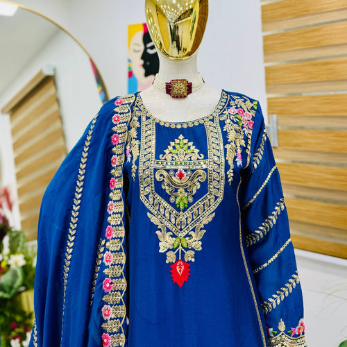 Blue Color Party Wear Designer Embroidered Sharara Suit